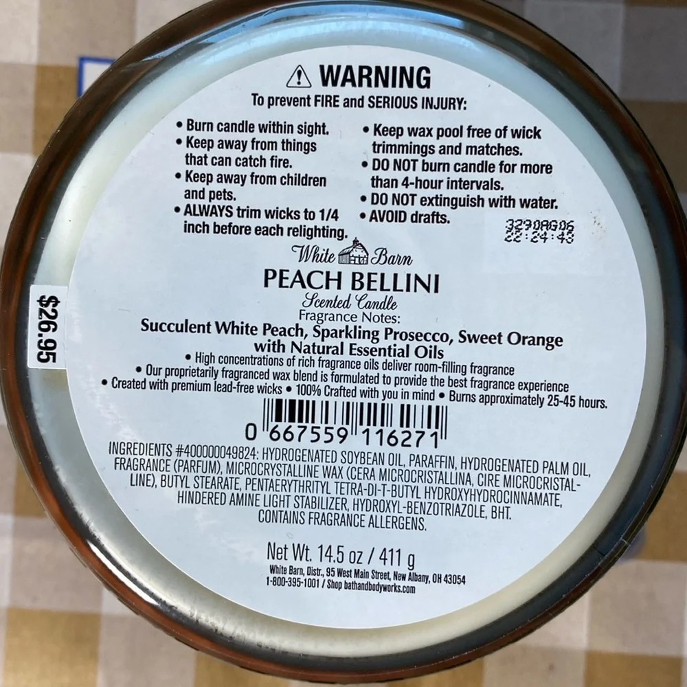 Bath & Body Works White Barn Peach Bellini 3 Wick Candle